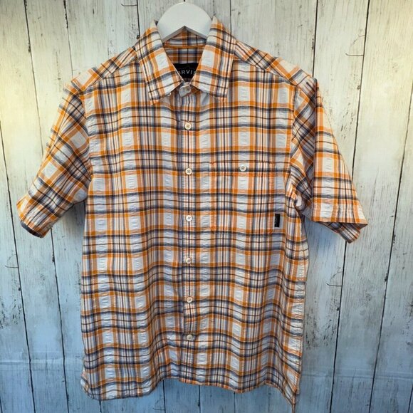 ORVIS Short Sleeve Button Down Shirt Mens Size M Orange White Linen Blend Plaid - Picture 3 of 9